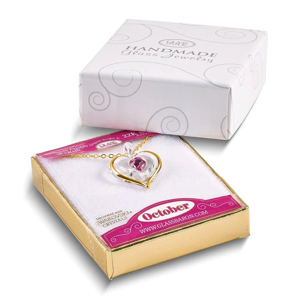 Glass with Pink October Birthstone Crystal Heart 18 inch Gold-tone Necklace L45955