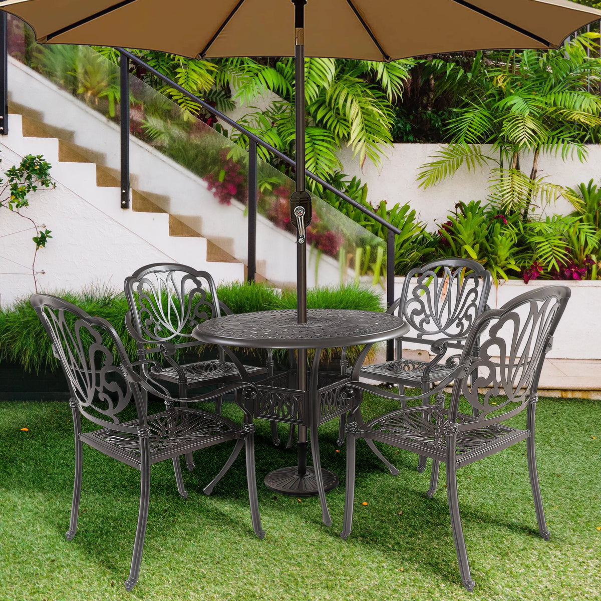 5 Pcs Cast Aluminum Outdoor Dining Table Set with Umbrella Hole L74991