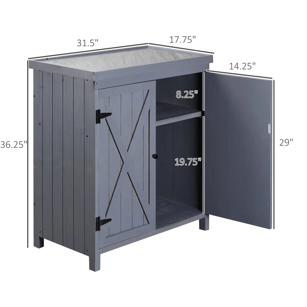 Grey Garden Storage Cabinet with Galvanized Top and Two Shelves U6691