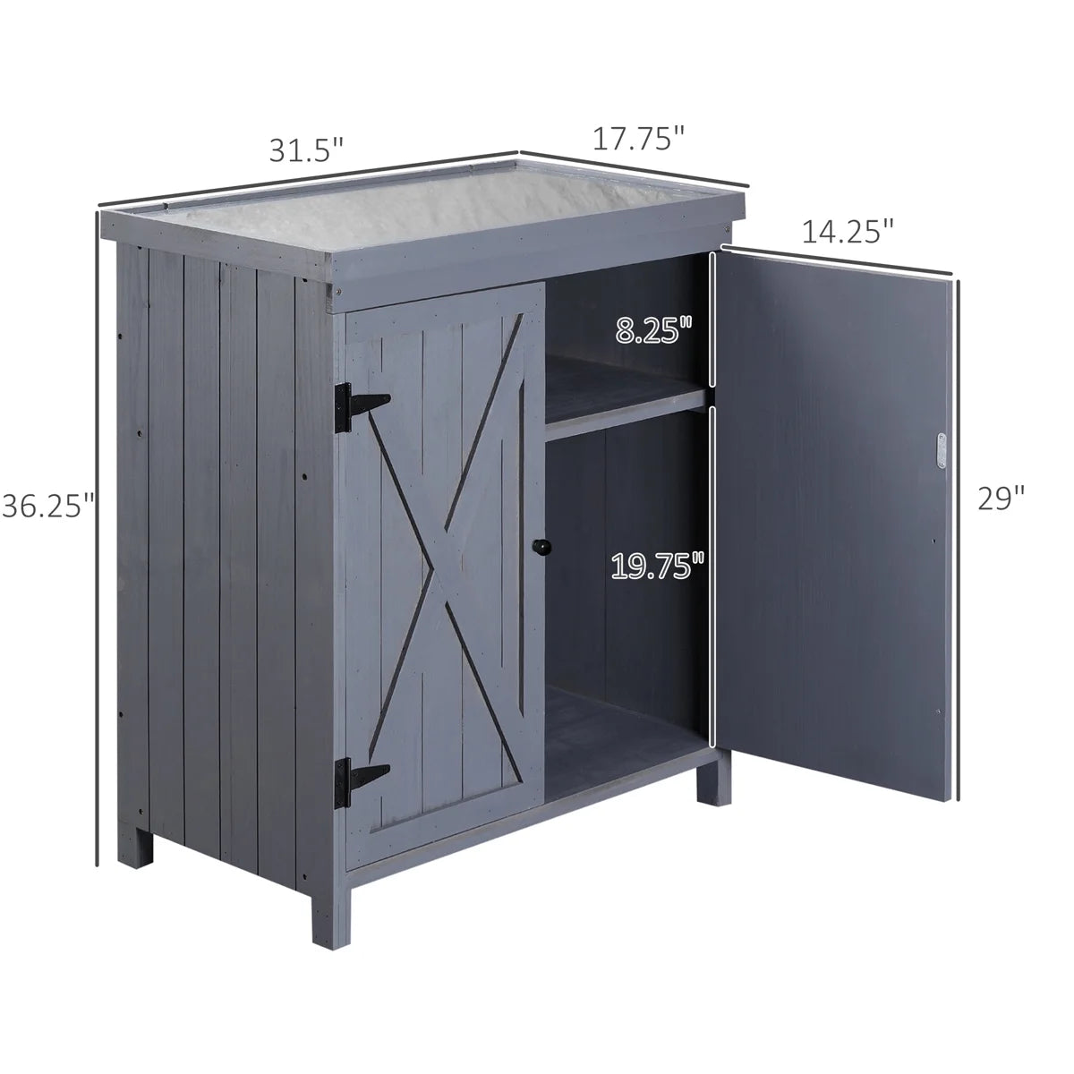Grey Garden Storage Cabinet with Galvanized Top and Two Shelves U6691