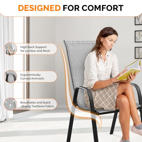 Black Set of 6 Stackable Outdoor Dining Chairs with Sling High Back and Armrests O1815