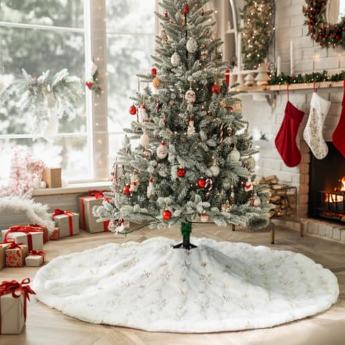 48 Inch White Faux Fur Christmas Tree Skirt with Sequin Snowflakes H85161