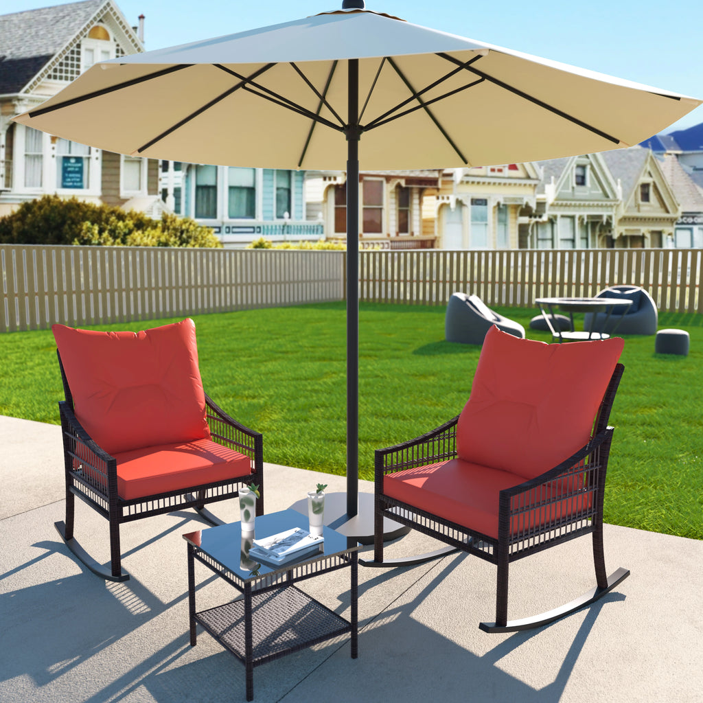 3-Piece Wicker Outdoor Rocking Chair Bistro Set with Table & Cushions H146051