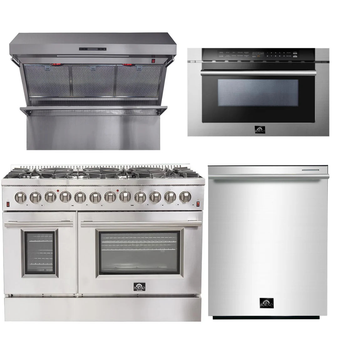 48 Inch Dual Fuel Range, Wall Mount Range Hood, Microwave Drawer, Dishwasher R766