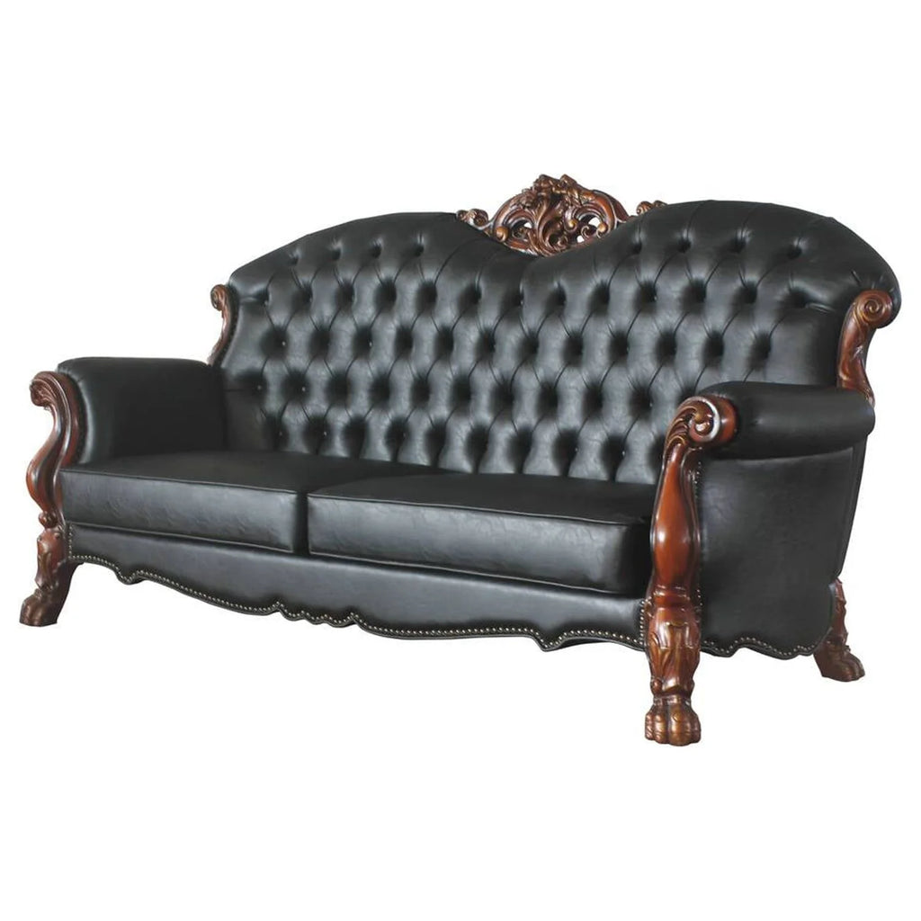 Black Faux Leather Tufted Sofa with 5 Pillows B4347