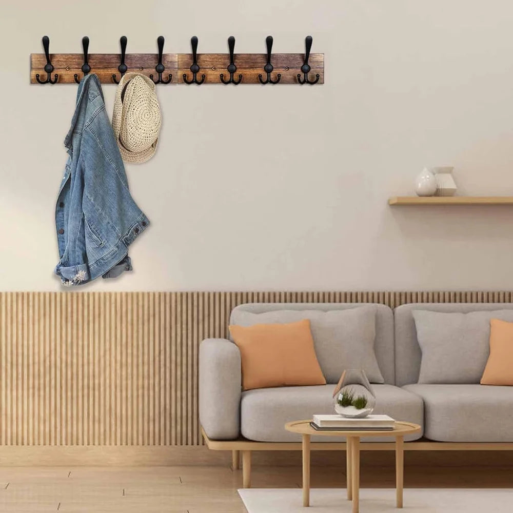 Wall Mounted Coat Rack 31.5'' Wooden Burnt Brown with 8 Black Hooks L275