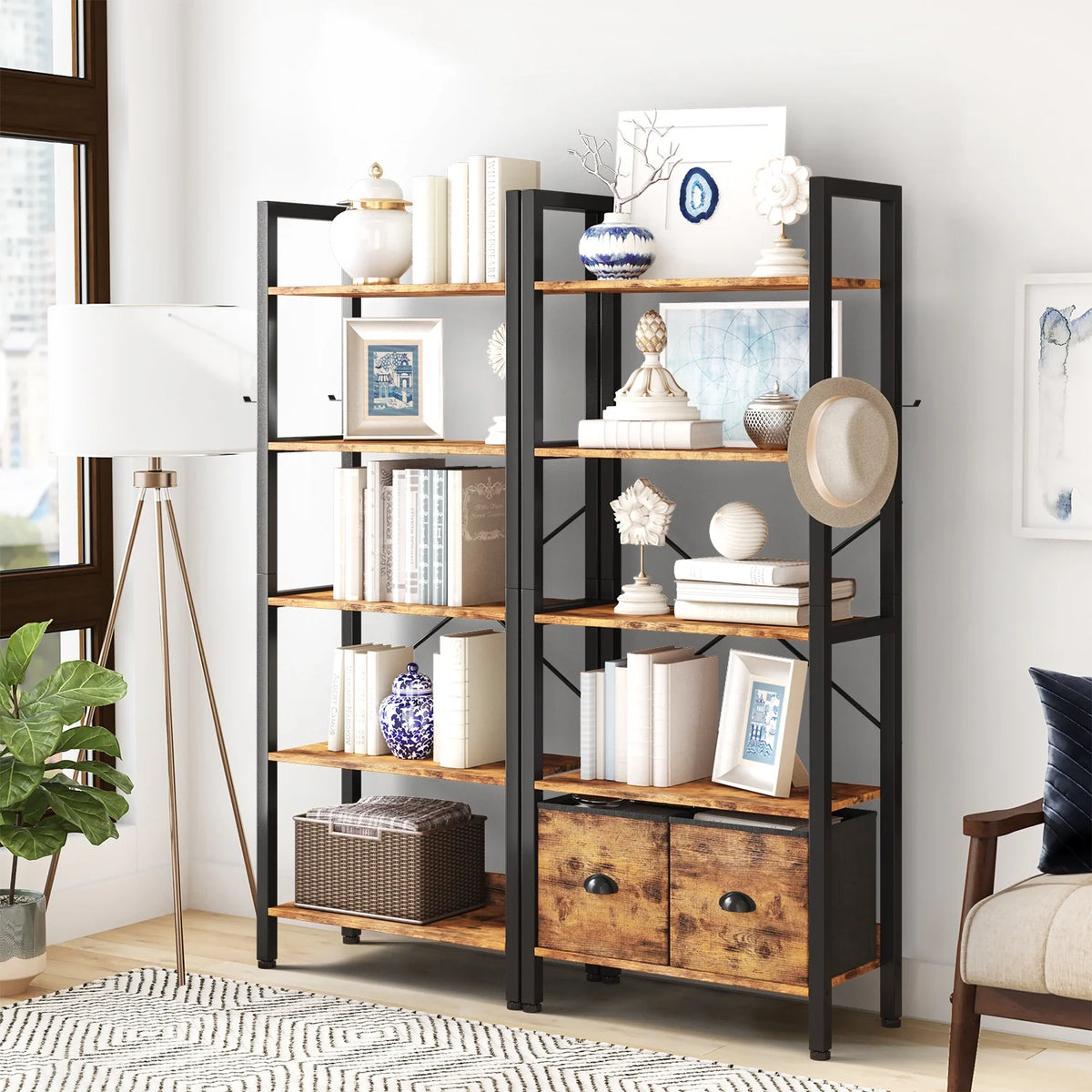 5 Shelf 2 Drawer Rustic Brown Bookcase M440627