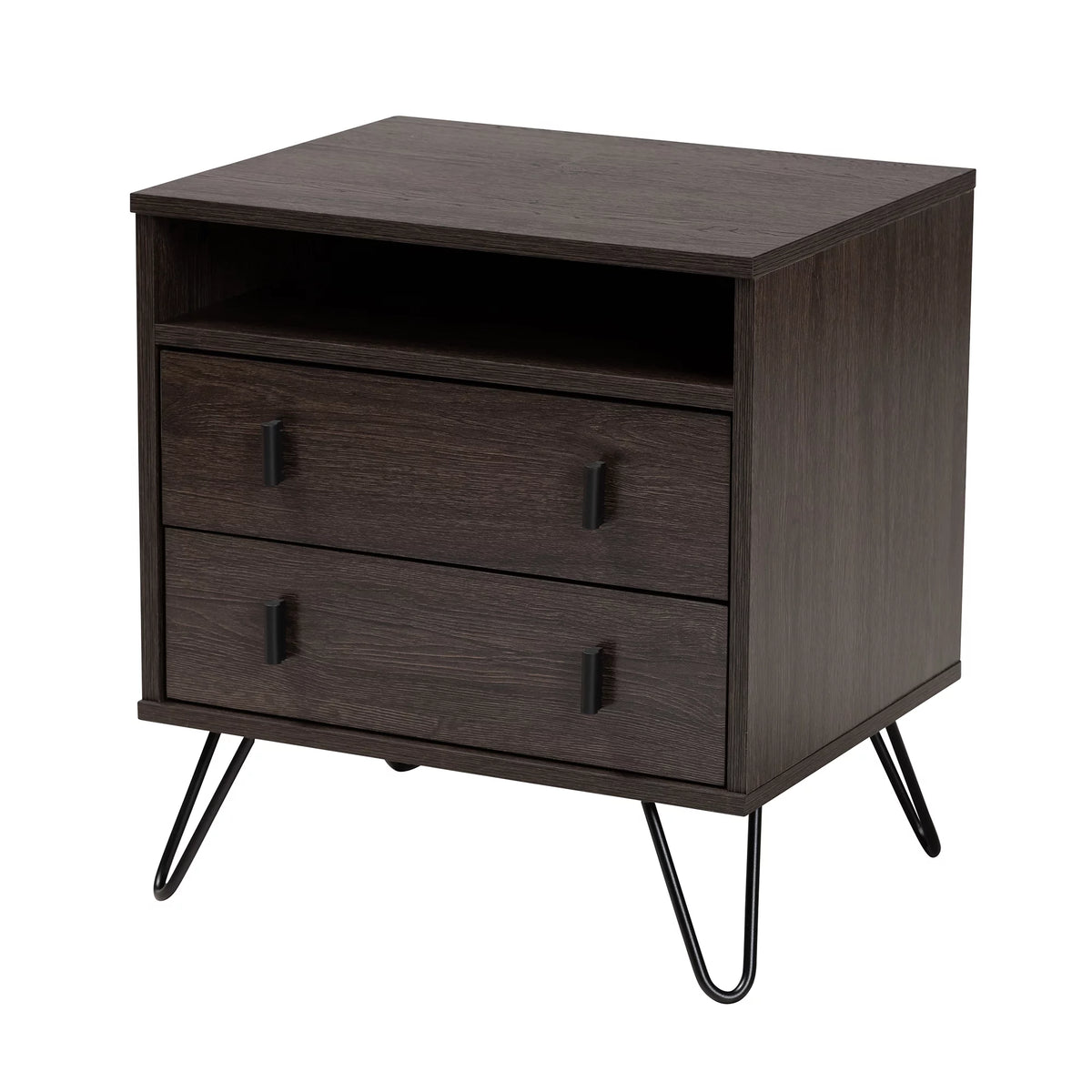 Dark Brown Wood and Black Metal 2-Drawer Nightstand B57977