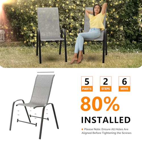 Black Set of 6 Stackable Outdoor Dining Chairs with Sling High Back and Armrests O1815