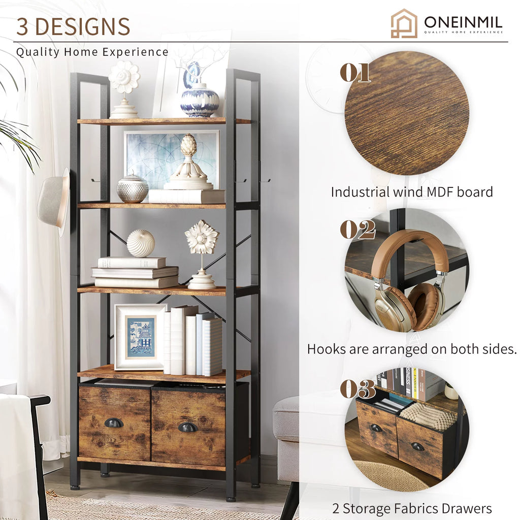 5 Shelf 2 Drawer Rustic Brown Bookcase M440627