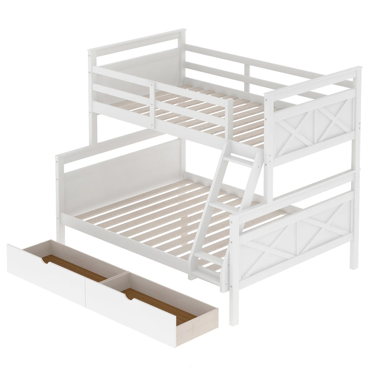 White Wood Twin over Full Bunk Bed with Trundle H55361