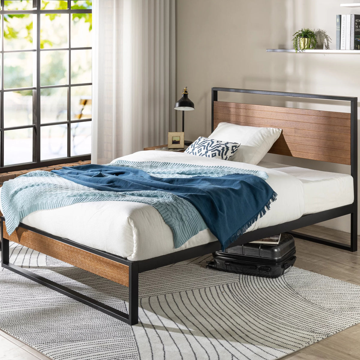 Metal and Wood Platform Bed Frame with Headboard, Chestnut Brown, Full Q3949