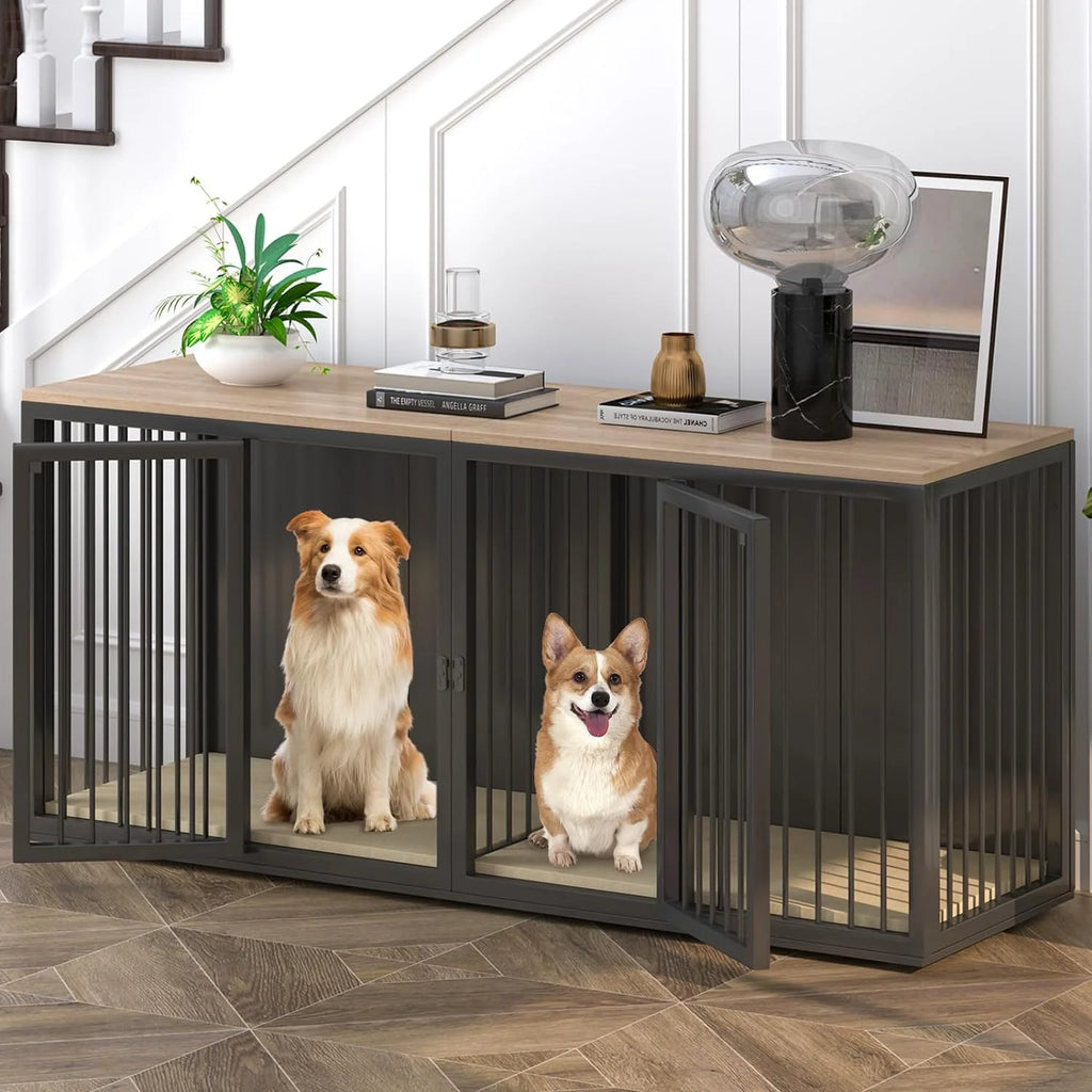 Black Large 2 Dog Steel Frame Wooden Top Crate Furniture S9433