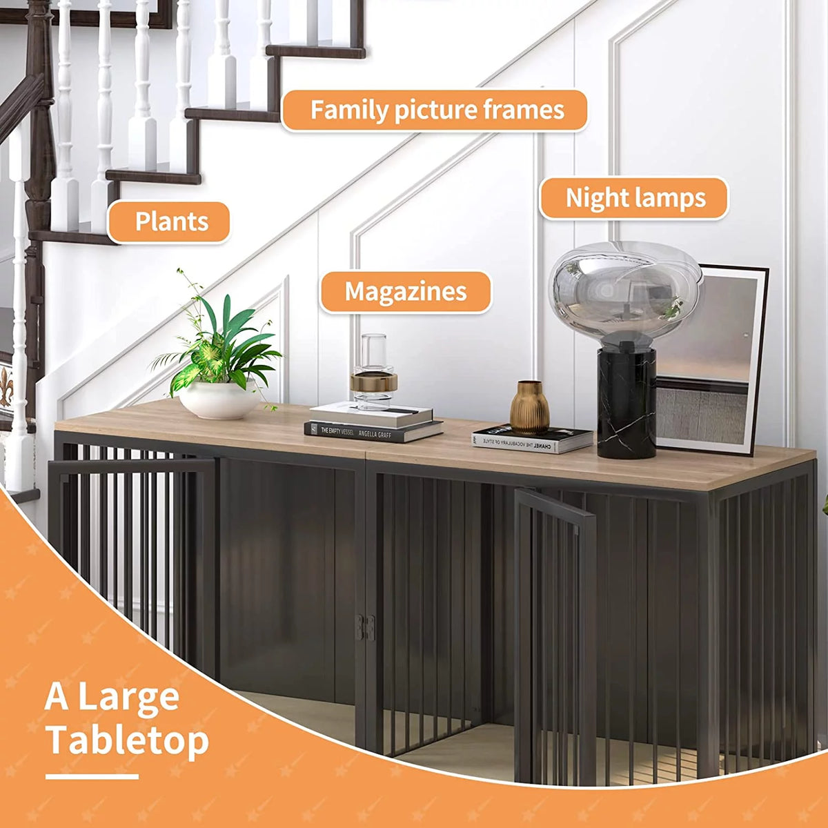 Black Large 2 Dog Steel Frame Wooden Top Crate Furniture S9433